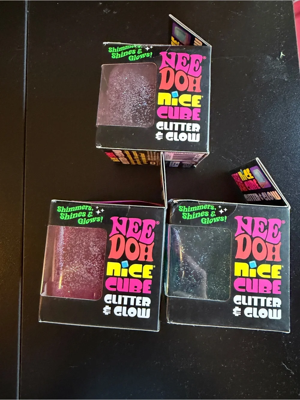 Lot 3 New NeeDoh Nice Cube Purple Blue Pink Solid Squish Schylling Glitter Glow